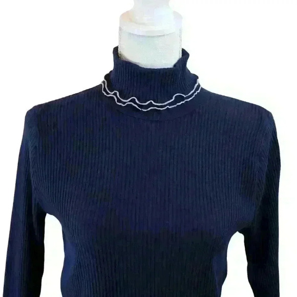 J.Crew Navy Blue Lettuce Edge Ribbed Long Sleeve Turtleneck Size Small - Picture 2 of 9